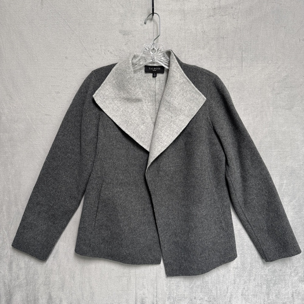 Talbots Jacket Womens Small Petite Gray Wool Open Front Shawl Collar Short
